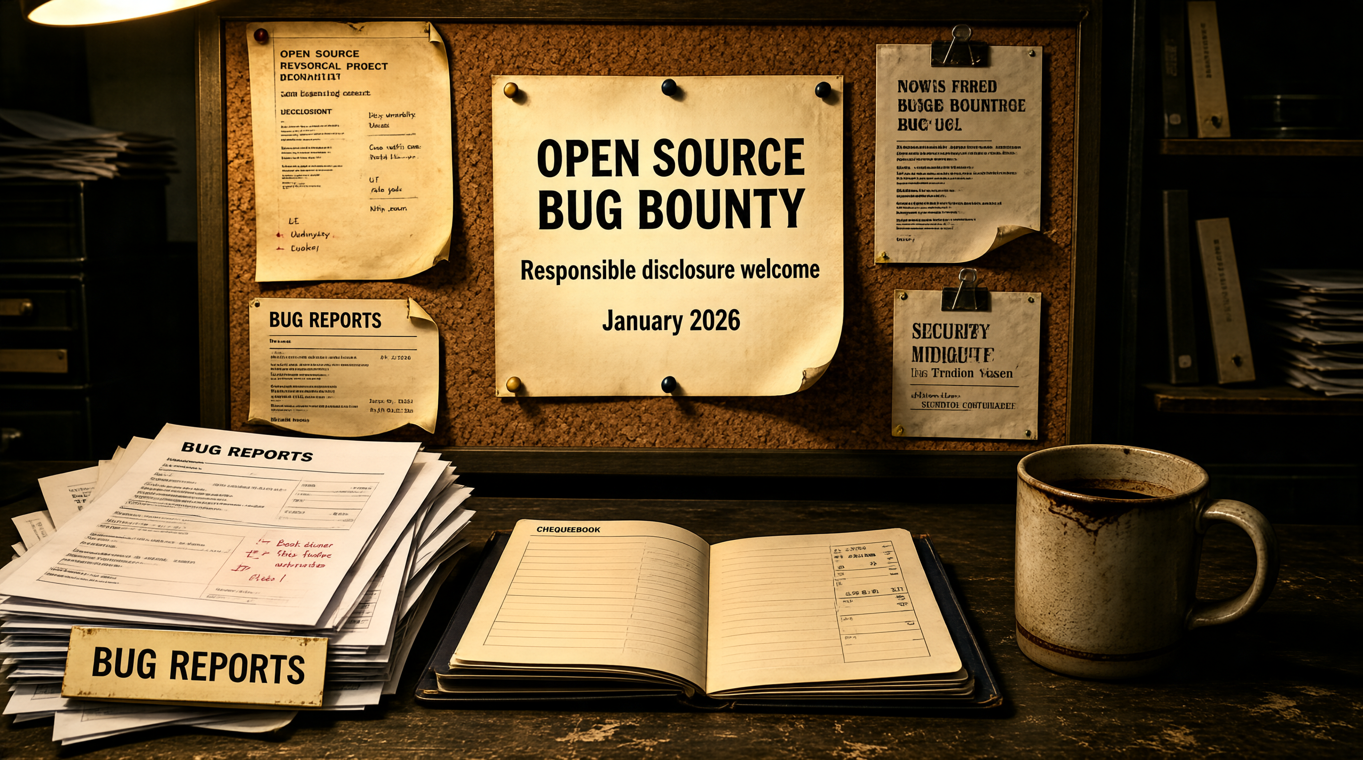 一张运行 7 年的 Bug Bounty 公告贴在墙上的照片,2026-01 被撕下、纸面上留下 AI slop 报告堆积的暗痕,旁边一枚空白的支票本和一杯冷掉的咖啡,暗色调学术风