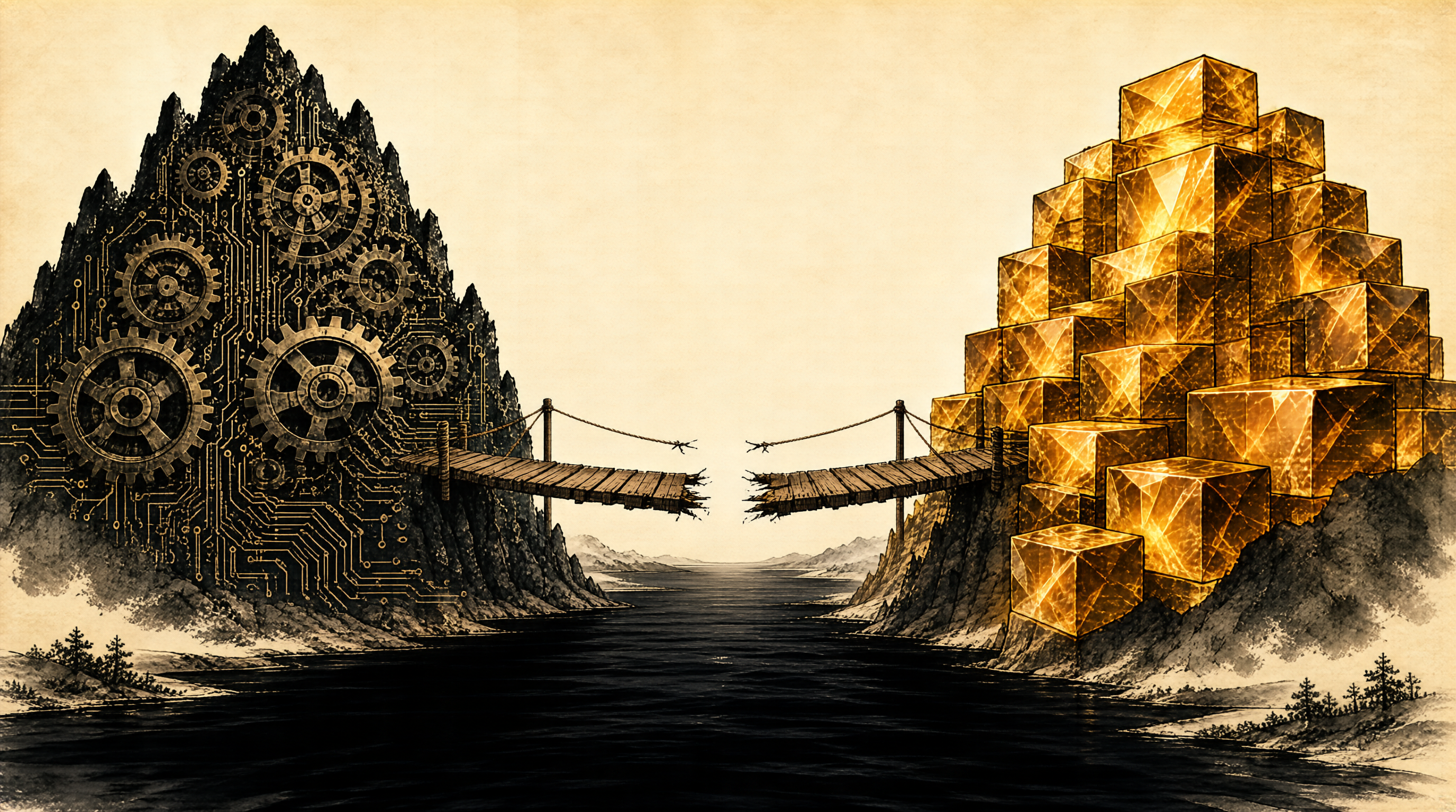 Two mountains on opposite banks — one of source-code gears, one of AI model weights — with a thin bridge being pulled apart between them